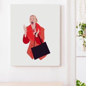 Puede incluir: Una ilustración digital de una mujer con una chaqueta roja y un bolso negro, está gritando con la boca abierta y las manos en el aire.
