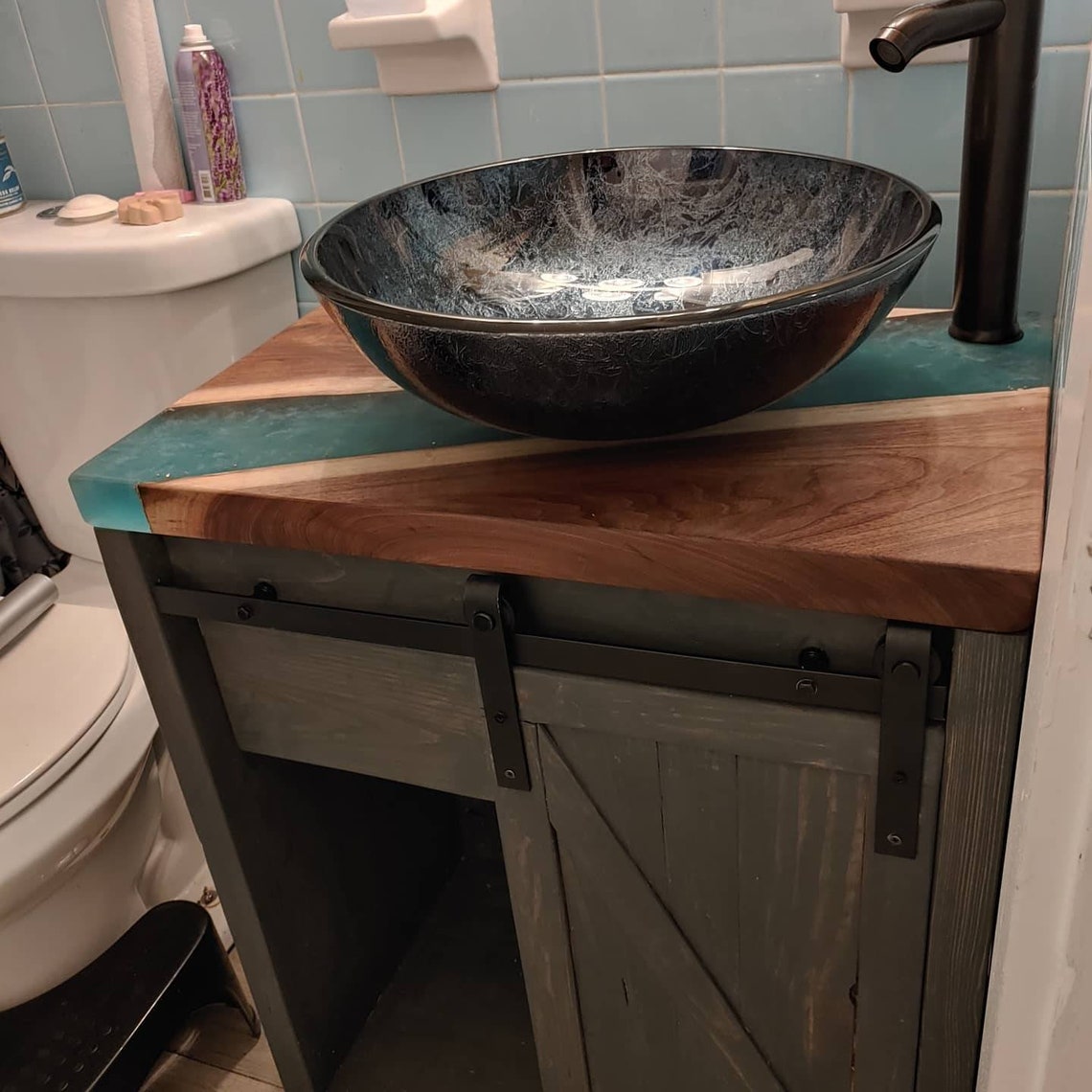 Pine wood vanity with a epoxy river table top Etsy