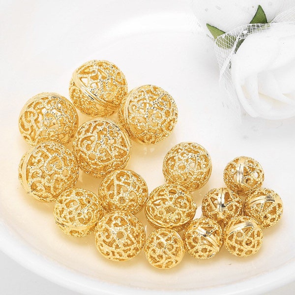 Gold Plated Brass Beads, Gold Filigree Beads, Gold Spacer Beads, Openwork Beads, 8/10/12mm, 2PCS