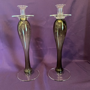 Vintage Blown Glass Smoky Gray Pair of 15” Candlesticks