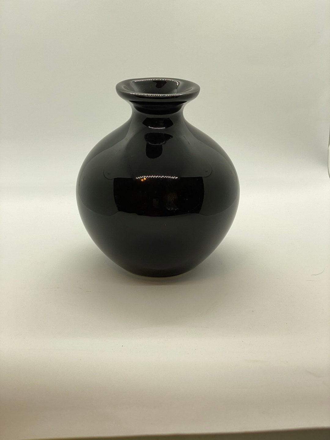 Vintage Gloss Black Haeger Pottery Vase 126 Fat Body Thin Rolled Neck