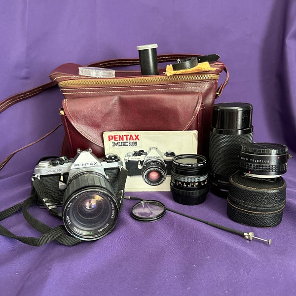 Vintage Pentax ME Super Camera with Multiple Lenses, Accessories and Hinton Case