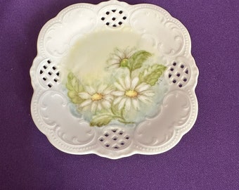 Vintage Small Pierced Dish Hand Painted with Yellow Daisys and Green Leaves