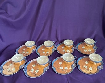 The Takito Co. set of 8 Lusterware Snack Plates with Tea Cups done in Peach Blue & White