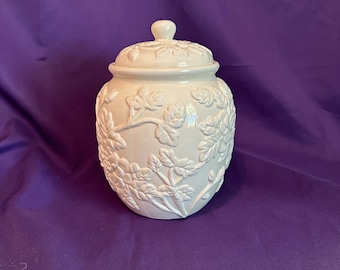 Vintage Large Ceramic Floral Embossed Canister Cookie Jar