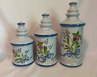 Vintage Los Angeles Pottery Canister Set: Blue Bouquet Glazed Ceramic