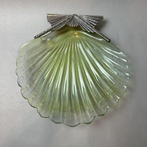 Vintage Rare Art Deco Green Glass and Metal Sea Shell Clam Serving Platter Plate