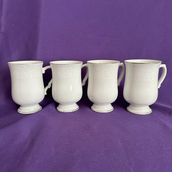 Vintage Crown Victoria Lovelace White on White Print with Silver Accents Footed Mugs Set of 4