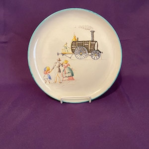 633 MAF ITALY Hand Painted Decor Plate Family Seeing an Old Steam Engine Train Glazed Terracotta