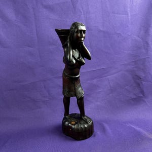 Vintage Balinese Wood Carved Woman with Basket