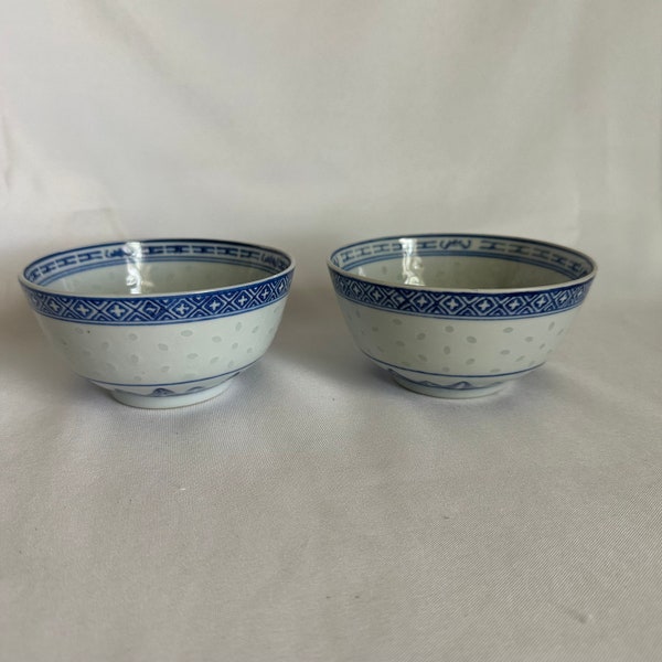 Vintage set of 2 Asian Rice or Soup Bowls One Dragon One Rice Flower