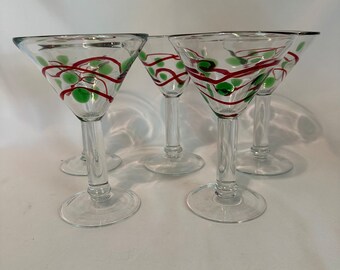 Vintage Hand Blown Mexican Martini Glasses: Red & Green Set of Five