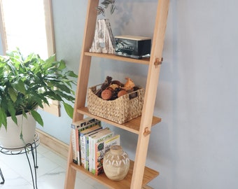 Leaning Ladder Shelf, 4 Tier Bookshelf, Solid hardwood Shelving