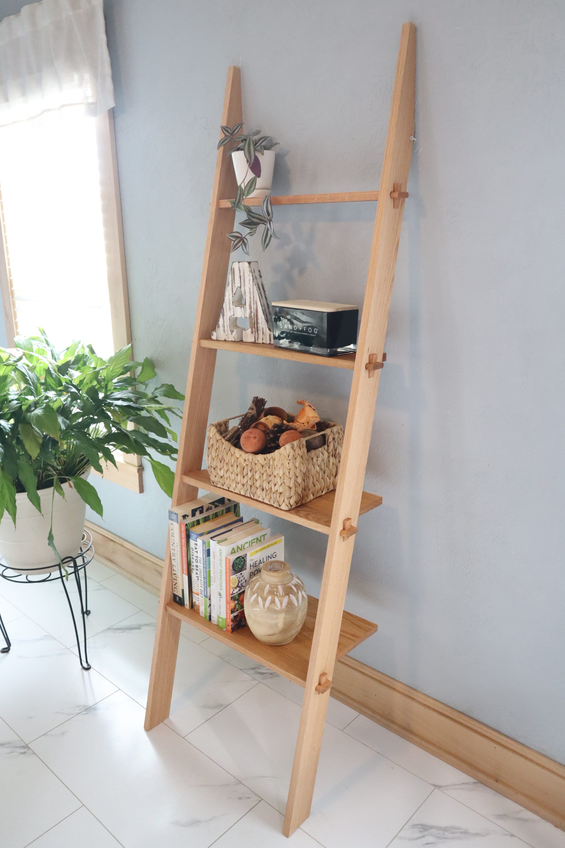 Leaning Ladder Shelf, 4 Tier Bookshelf, Solid Hardwood Shelving - Etsy
