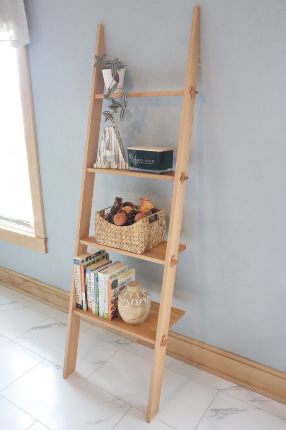 Leaning Ladder Shelf, 4 Tier Bookshelf, Solid Hardwood Shelving - Etsy