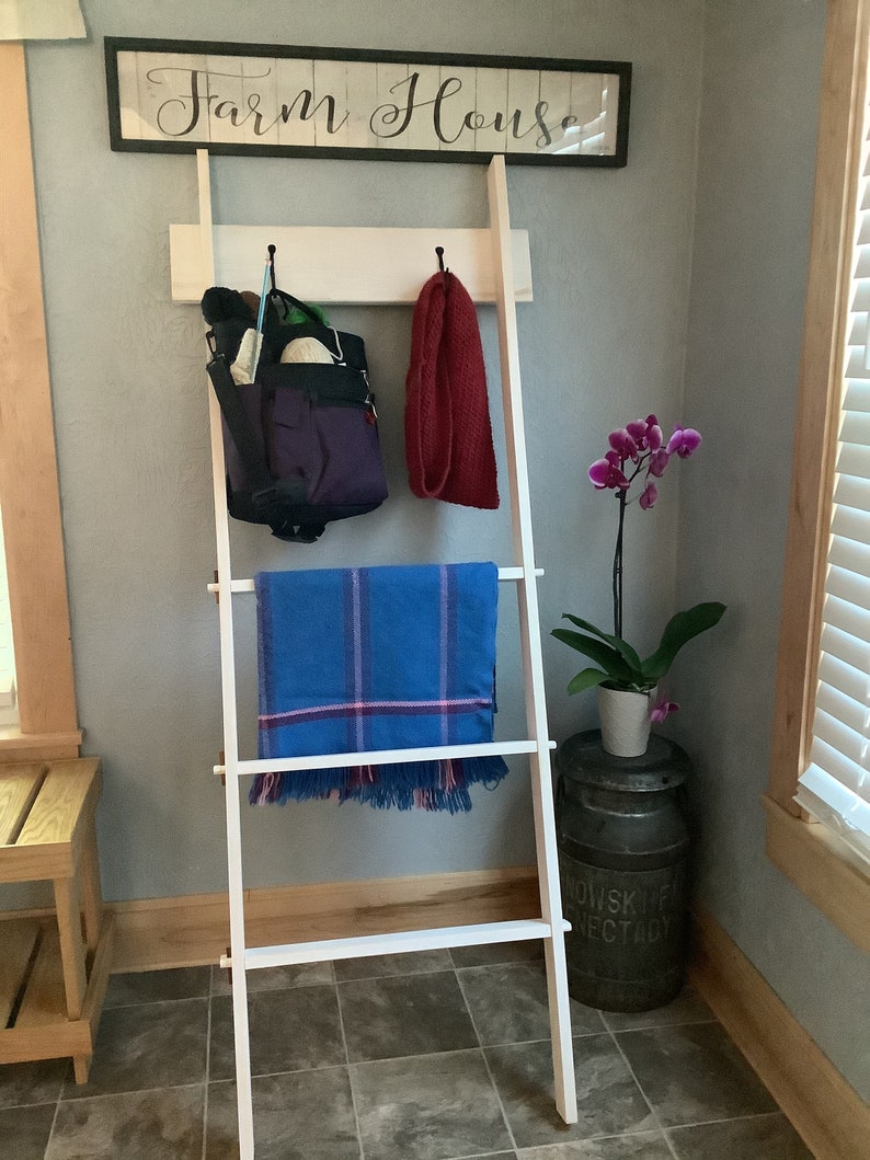 Farmhouse Wooden Blanket Ladder With Hooks Etsy