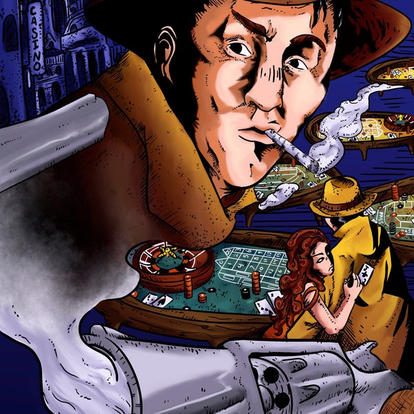 Film Noir Poster Digital Download, Detective Casino Cartoon Illustration