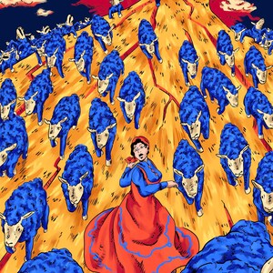 Colorful Woman and Sheep Running Poster