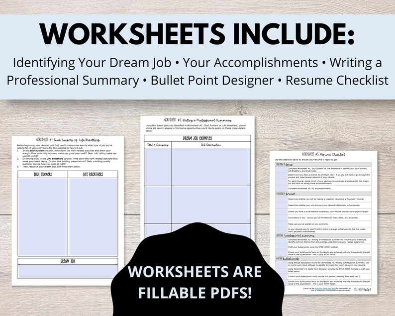 K&ouml;nnte beinhalten: Ein Satz druckbarer Arbeitsbl&auml;tter, um Ihren Traumjob zu identifizieren, eine professionelle Zusammenfassung zu schreiben und einen Lebenslauf zu erstellen. Die Arbeitsbl&auml;tter sind ausf&uuml;llbare PDFs.