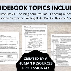 K&ouml;nnte beinhalten: Ein Leitfaden mit dem Titel "Guidebook Topics Include:" und einer Liste von Themen rund um das Verfassen von Lebensl&auml;ufen, darunter "Resume Basics", "Focusing Your Resume", "Choosing a Format", "Professional Summary", "Writing Bullet Points" und "Resume Anatomy". Der Leitfaden wurde von einem Personalfachmann erstellt.