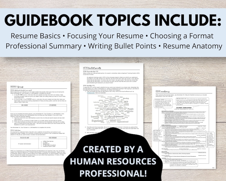K&ouml;nnte beinhalten: Ein Leitfaden mit dem Titel "Guidebook Topics Include:" und einer Liste von Themen rund um das Verfassen von Lebensl&auml;ufen, darunter "Resume Basics", "Focusing Your Resume", "Choosing a Format", "Professional Summary", "Writing Bullet Points" und "Resume Anatomy". Der Leitfaden wurde von einem Personalfachmann erstellt.
