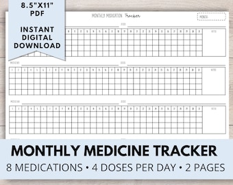 Medizin-Tracker zum Ausdrucken, Medikations-Tracker, monatlicher Medizin-Tracker, Medikations-Log, Medizin-Diagramm