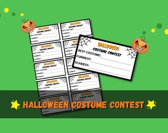 May include: Printable Halloween costume contest voting slips with a black spiderweb design and a cartoon pumpkin with a mischievous grin. The text on the slips reads "Halloween Costume Contest" with categories for "Best Costume", "Funniest", and "Scariest".