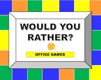 May include: A white frame with the text "Would You Rather?" in black letters. A yellow thinking face emoji is below the text. A yellow button with the text "Office Games" is below the emoji.