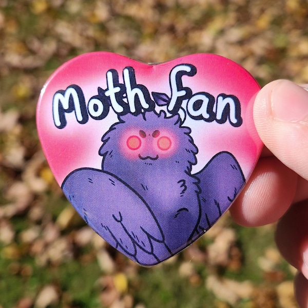 Moth Fan - 2.25” x 2” Holographic Heart Shaped Pinback Button