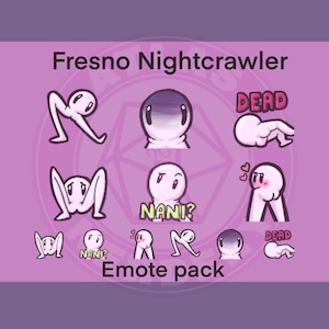 Op de afbeelding: Een set van negen digitale emoji's met een cartoonfiguur in verschillende poses en uitdrukkingen. De emoji's bevatten zinnen als "NANI?" en "DEAD". De emoji's maken deel uit van een pakket genaamd "Fresno Nightcrawler Emote Pack".