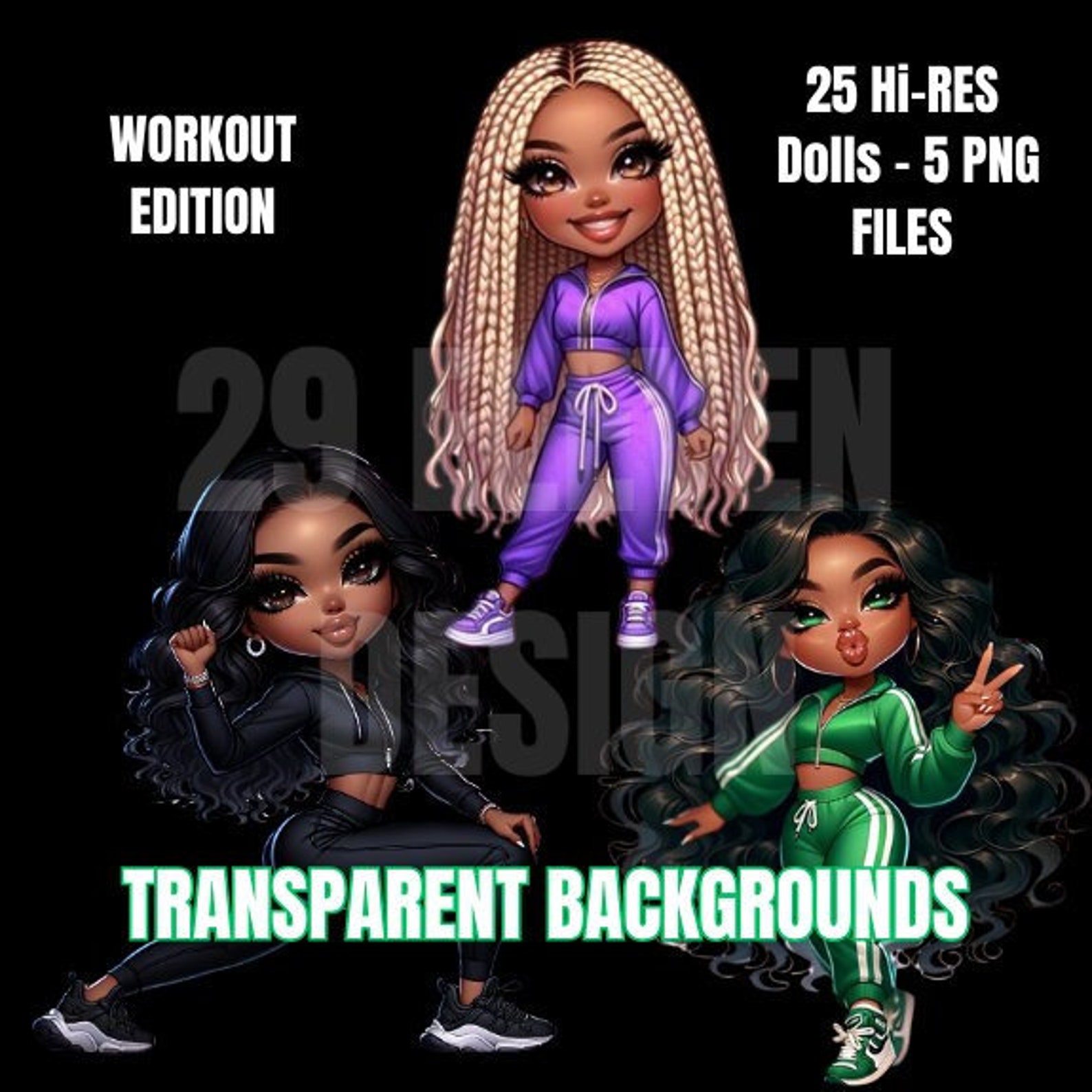 African American Chibi Dolls Clipart: Workout Edition (PNG Files) - Etsy