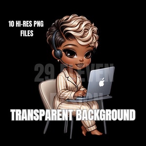 May include: A digital illustration of a cartoon woman with brown skin and blonde hair wearing a headset and a striped pajama top. She is sitting in a chair and using a laptop computer. The background is transparent.