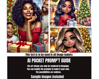 May include: A digital illustration of four people celebrating Christmas. The illustration features a woman with long black hair wearing a red dress, a man with short black hair wearing a blue shirt, a young girl with long blonde hair wearing a red dress, and a young boy with short black hair wearing a blue shirt. The illustration is set against a background of Christmas trees, presents, and other festive decorations.