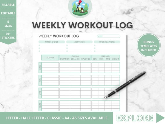 Fitness Planner Workout Log Workout Printable Exercise | Etsy