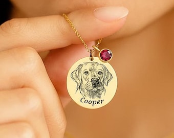 Personalized Pet Portrait Birthstone Necklace – Custom Engraved Dog or Cat Memorial Jewelry | Mother's Day for Pet Lovers, Pet Loss Gifts