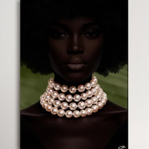 Luxury Black Woman Decor, Pearl Statement Wall Art, Afro Portrait Canvas Print, Dark Skin Beauty Painting, Elegant Modern Art