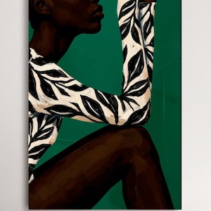 May include: An abstract painting depicts a person in a seated position, with dark skin and a patterned top. The top features a black and white leaf design. The background is a deep green, and the artwork is displayed on a white wall.