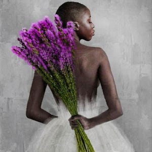 Black Woman With Purple Flowers, African-American Art Canvas Print, Contemporary African Art, Home Gift, Handmade Home Decor for Wall