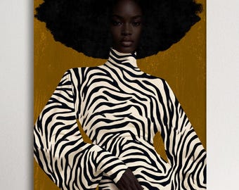 Black Woman Wall Art Canvas, Zebra Print Afro Portrait, Mustard Yellow African Artwork, Modern Fashion Poster, High Glow Decor
