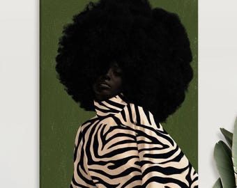 Black Woman Wall Art Canvas, Zebra Print Afro Portrait, Olive Green Textured Painting, Modern Statement Artwork, Safari Glam Room Decor