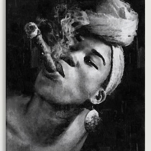Cuban Woman Portrait, Black Woman Art, Cuba Art Print on Canvas, Havana Art, Black And White Home Décor for Wall, Mix Media Painting