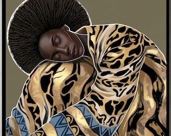 Square African Wall Art, Leopard Print Afro Poster, Minimalist Woman Canvas, Stretched Wooden Frame, Modern Black Queen, Fine Art Print
