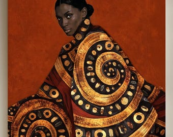 Afrocentric Black Woman Portrait, Gold Spiral Terracotta Canvas Art, Melanin Queen Painting, Square African American Fine Art Print