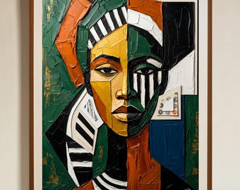 Abstract African Woman Wall Art, Cubism Afrocentric Portrait Canvas, Emerald Green Oil Painting Print, Abstract Ethnic Living Room Decor