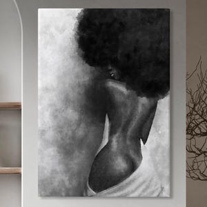 Black Woman Nude Wall Art Canvas, Monochrome Afro Silhouette Print, Sensual Minimalist Painting Style, Elegant Fine Art Decor