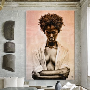 African American Wall Art Print, Beautiful Black Woman Art, Black Art Print on Canvas, African Art, Black and White Wall Décor, Mix Media