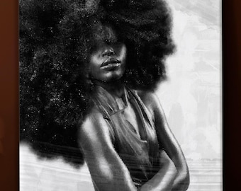 Black Woman Wall Art Canvas, Monochrome Afro Portrait Print, Dramatic Oil Painting Style, Black and White Glam Decor, Statement Art
