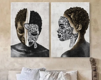 Set of Two African American Women Portraits, Black and White Canvas Art Print, Black Woman, Abstract African Wall Art, Home Décor