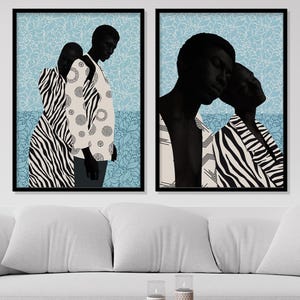 Decoración de pared "Amor Negro", 2 piezas de arte africano, póster de pareja azul, lienzo de técnica mixta, marco de madera estirado, díptico romántico - Impresión artística