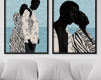 Black Love Wall Decor, 2 Piece African Art, Blue Couple Poster, Mixed Media Canvas, Stretched Wooden Frame, Romantic Diptych - Art Print